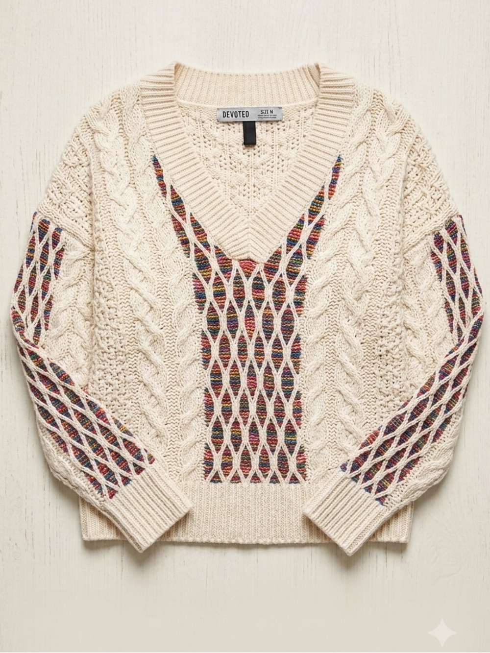Devoted Cream Cable Knit Sweater V-Neck Multicolour Lattice Accent Women’s M